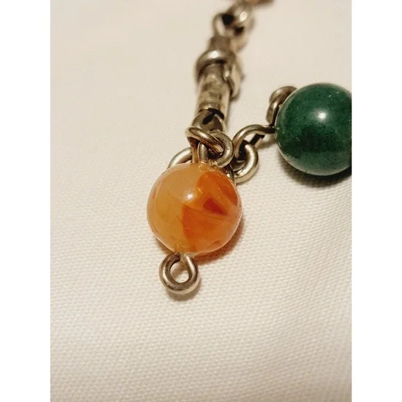 Vintage Sterling Silver Modernist Brutalist Beaded Stone Abstract Necklace 24in